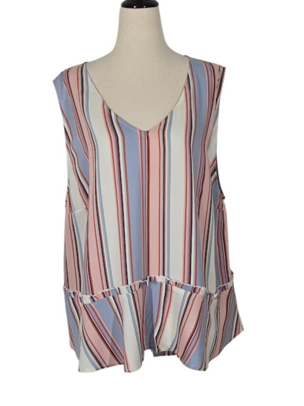 FOURTEENTH PLACE Women’s 1X Striped Sleeveless V Neck Blouse Rayon Top EUC